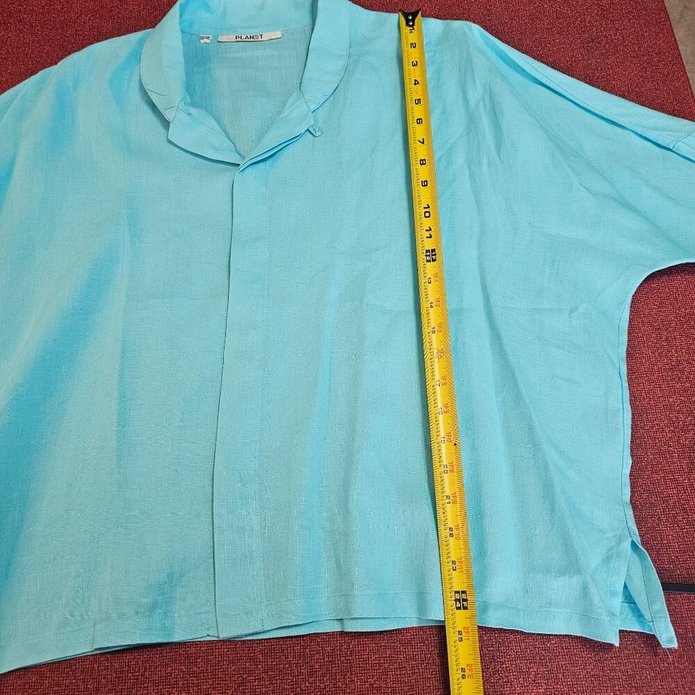 Planet By Lauren G Linen Button Up‎ Shirt OS Turquoise Relaxed Coastal Lagenlook - Picture 8 of 10